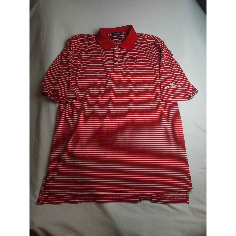 Divots Mens XL Polo Shirt Red White Striped Short Sleeve Mercy Senior Care Logo